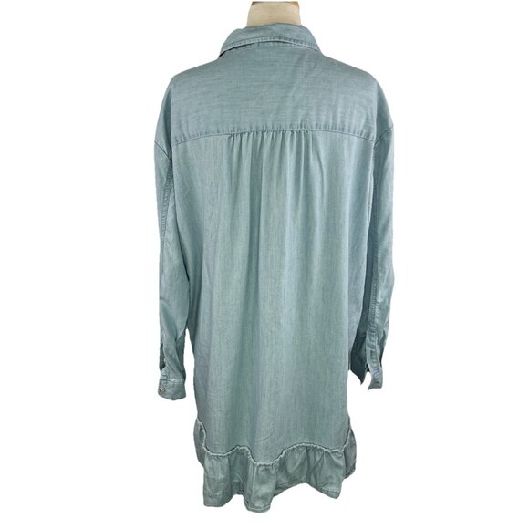 Wonderly L Blue Chambray Top Tunic Ruffle Hem Lyocell Button Front Long Sleeves - Picture 5 of 8